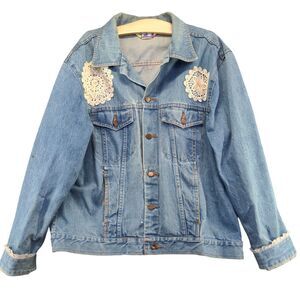 Generation One Women's Denim Jean Jacket Blue XL Crochet Trim Vintage